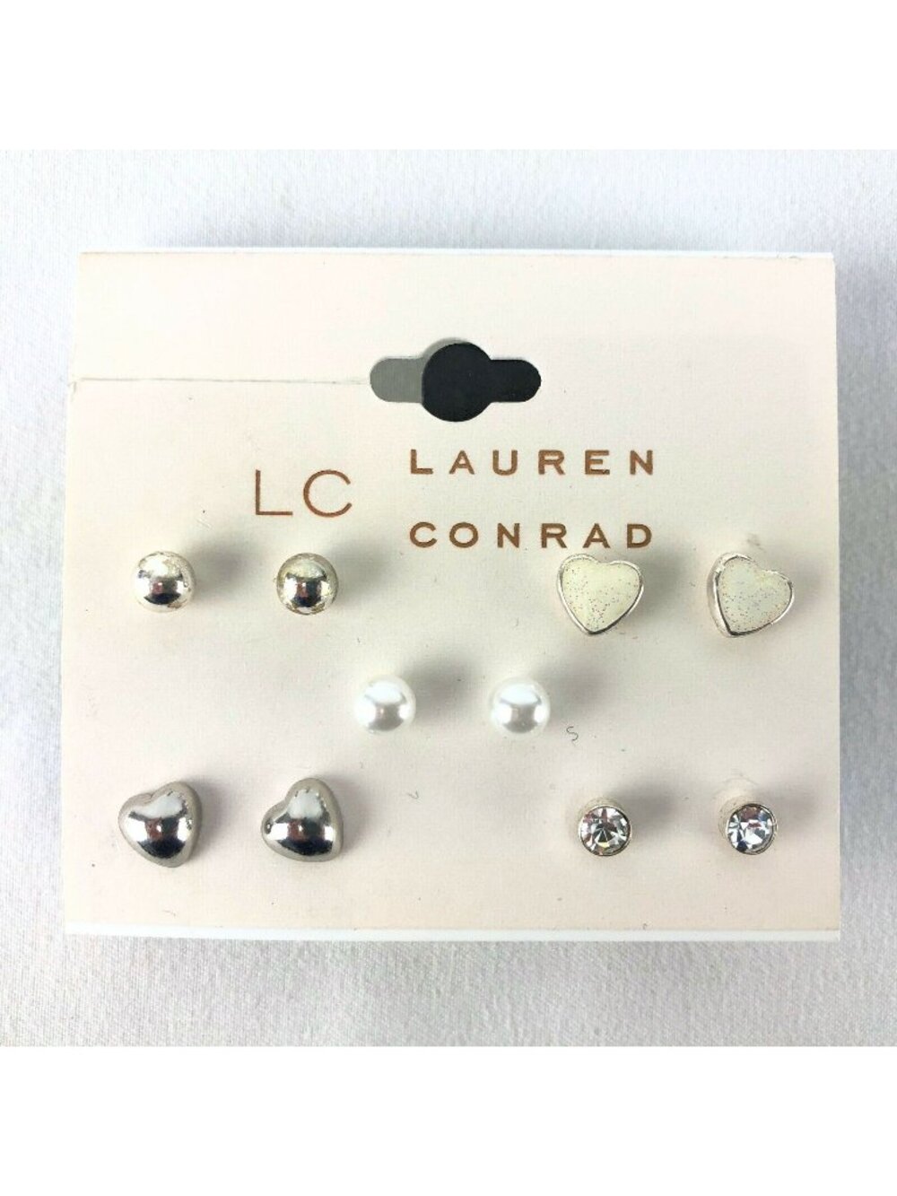 LC Lauren Conrad Earrings 5 Pairs Silver-tone 1/8"-1/4" Rhinestone Pearl Hearts